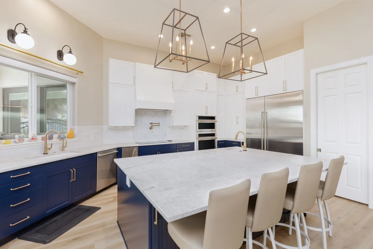 Finished navy and white kitchen frame from the design visualization