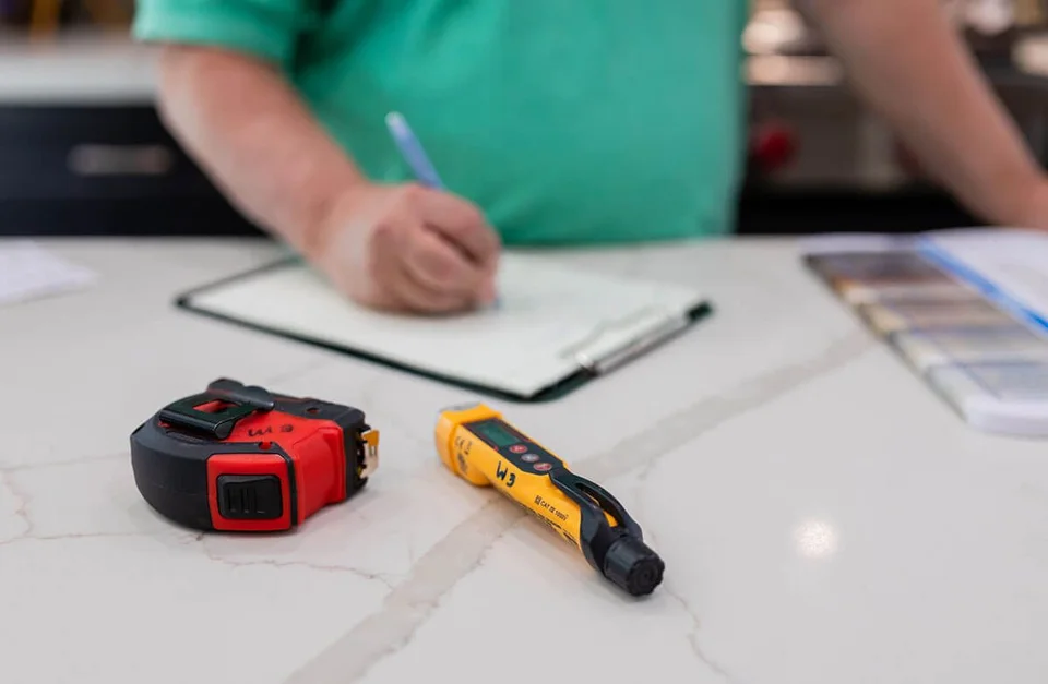 Planning materials, measuring tools and paperwork on a countertop